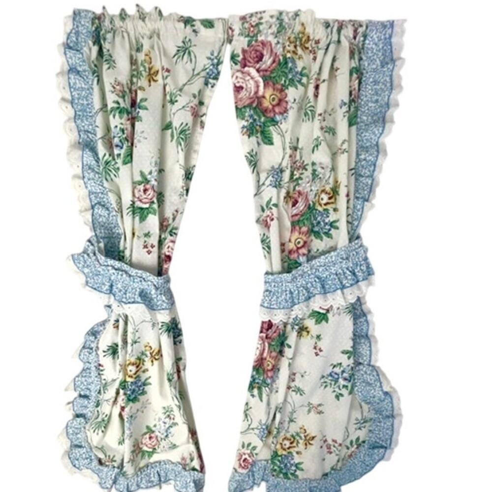 Vintage Cottagecore Floral Curtain Panels Lace Ruffle Tiebacks 42x32 1990s